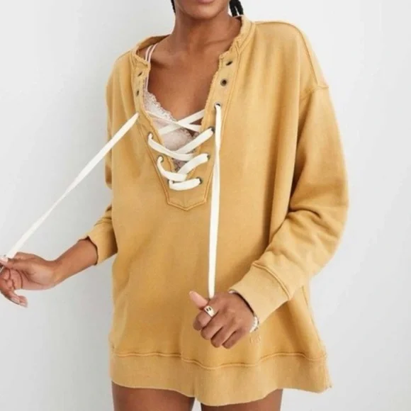 Aerie Lace Up Crew Oversized Sweatshirt Mustard - Picture 1 of 6